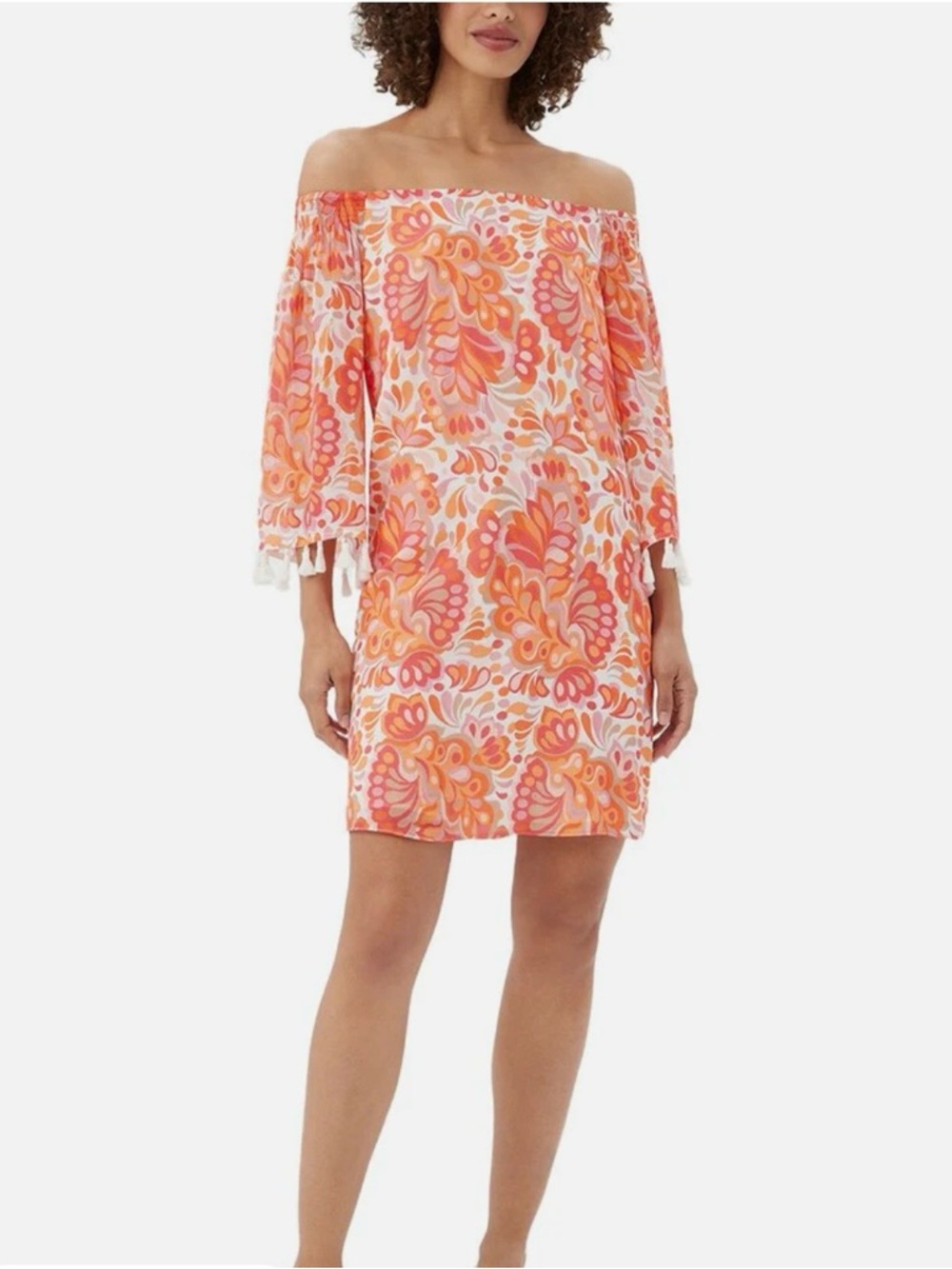 Trina Turk Off Shoulder Dress Medium Orange Pink Tassel Sleeve Shift NWT